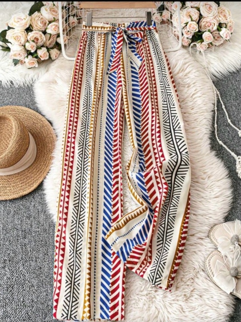 Boho Aztec Striped Wide-Leg Pants in Red, Blue, Black & Gold.